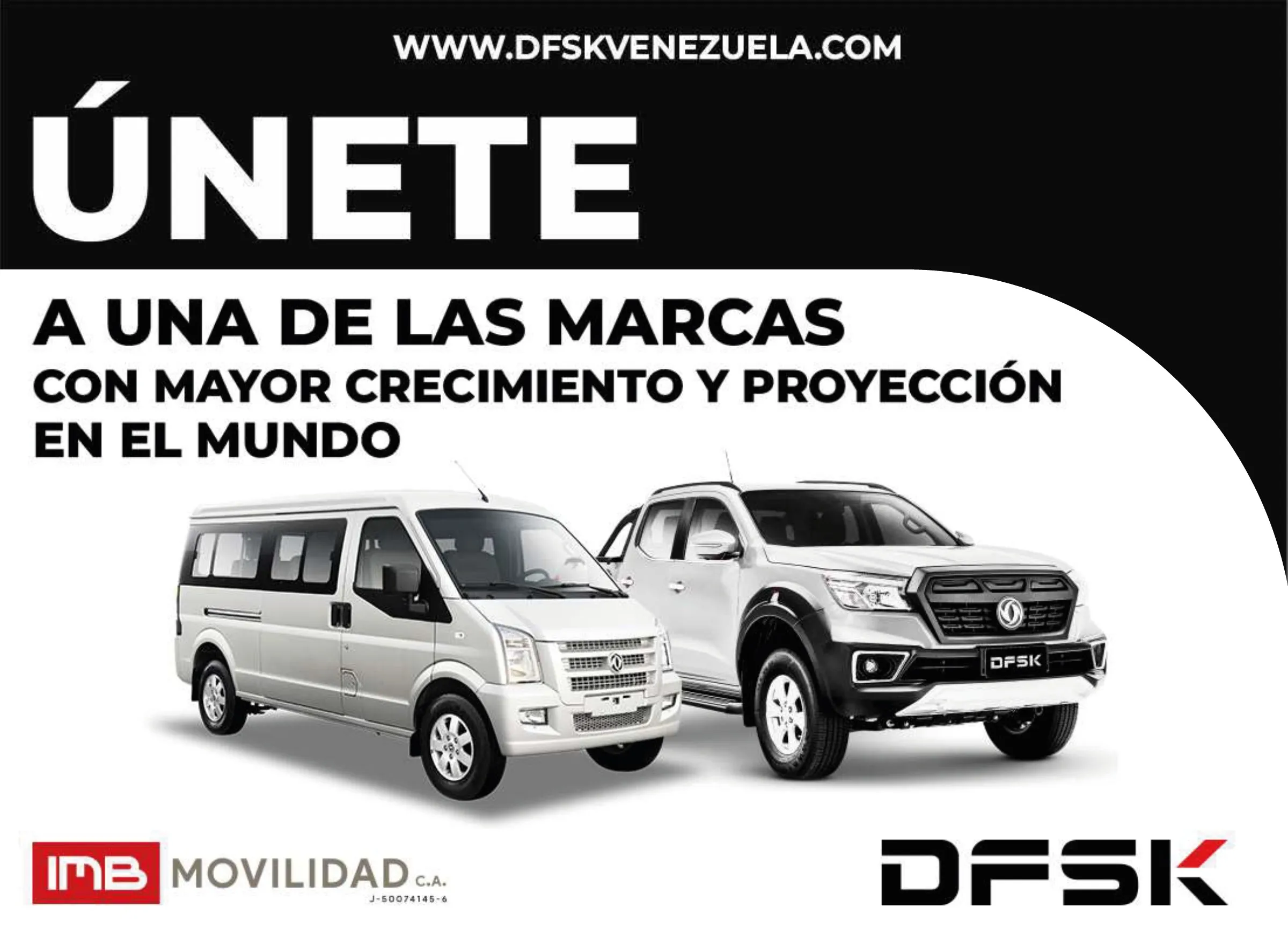 Portada del catálogo DFSK Venezuela: «Únete a una de las marcas con mayor crecimiento y proyección en el mundo». Una van DFSK C37 y una pick up D1, con los logos de IMB Movilidad y DFSK.