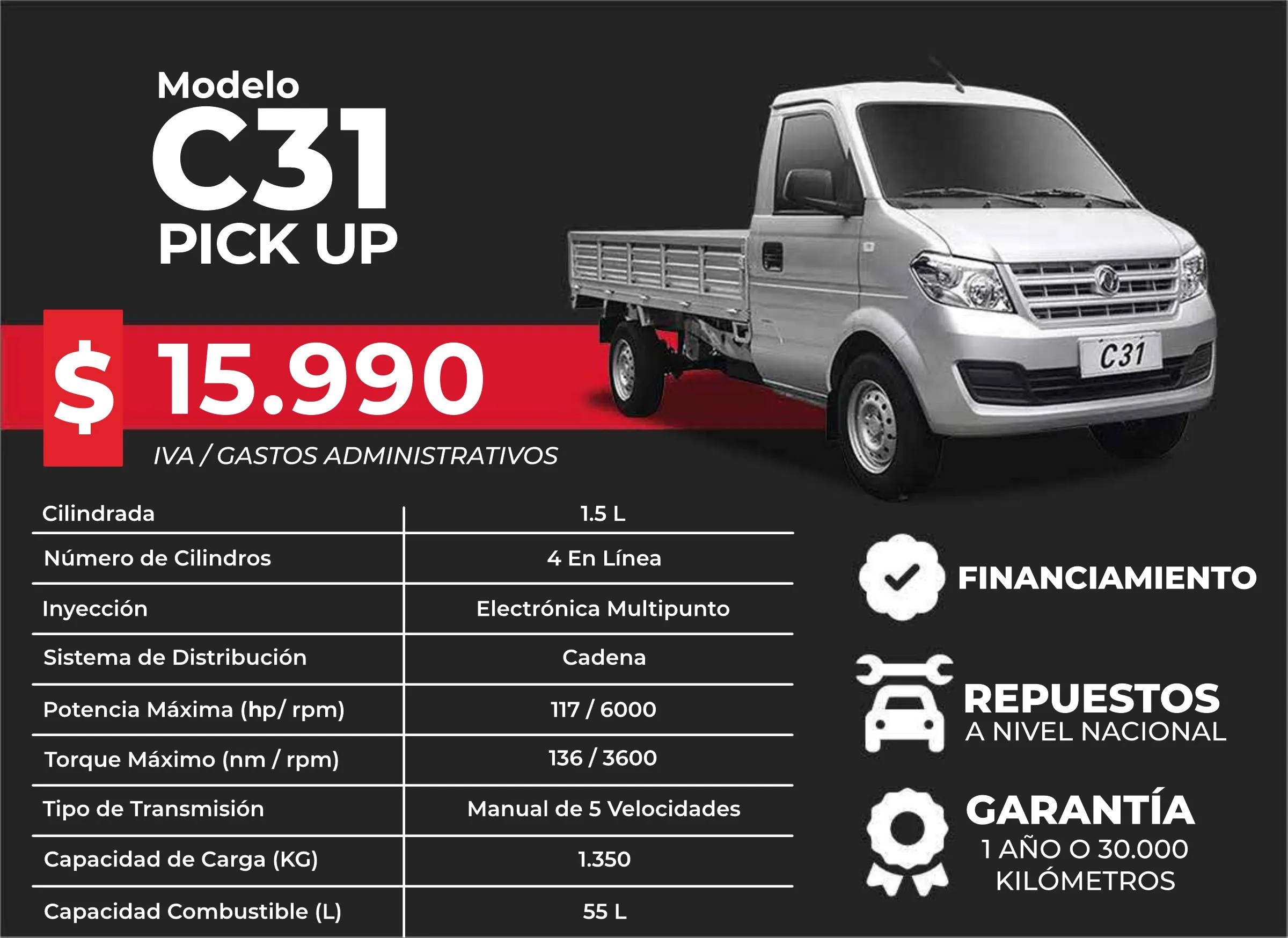 DFSK C31 Pick Up, desde 15.990 USD + IVA y gastos administrativos. Motor 1.5 L de 4 cilindros en línea, 117 HP a 6.000 rpm, 136 Nm, manual de 5 velocidades, capacidad de carga de 1.350 kg y tanque de 55 L.