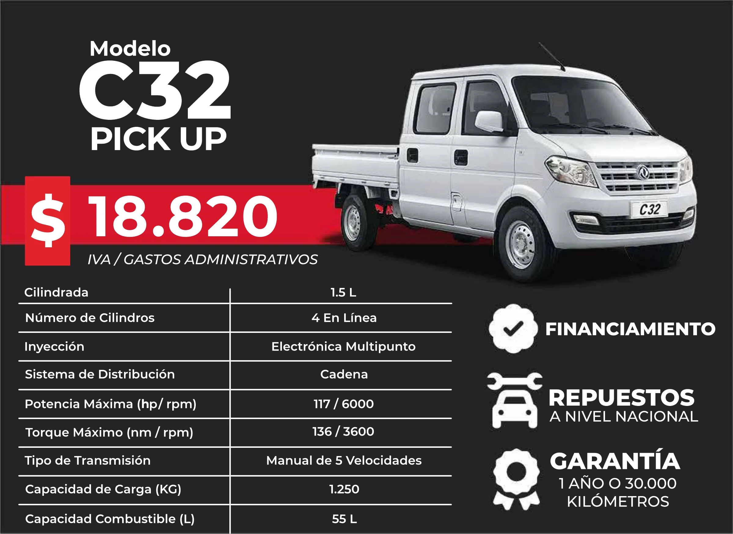 DFSK C32 Pick Up de doble cabina, desde 18.820 USD + IVA y gastos administrativos. Motor 1.5 L de 4 cilindros en línea, 117 HP a 6.000 rpm, 136 Nm, manual de 5 velocidades, capacidad de carga de 1.250 kg y tanque de 55 L.