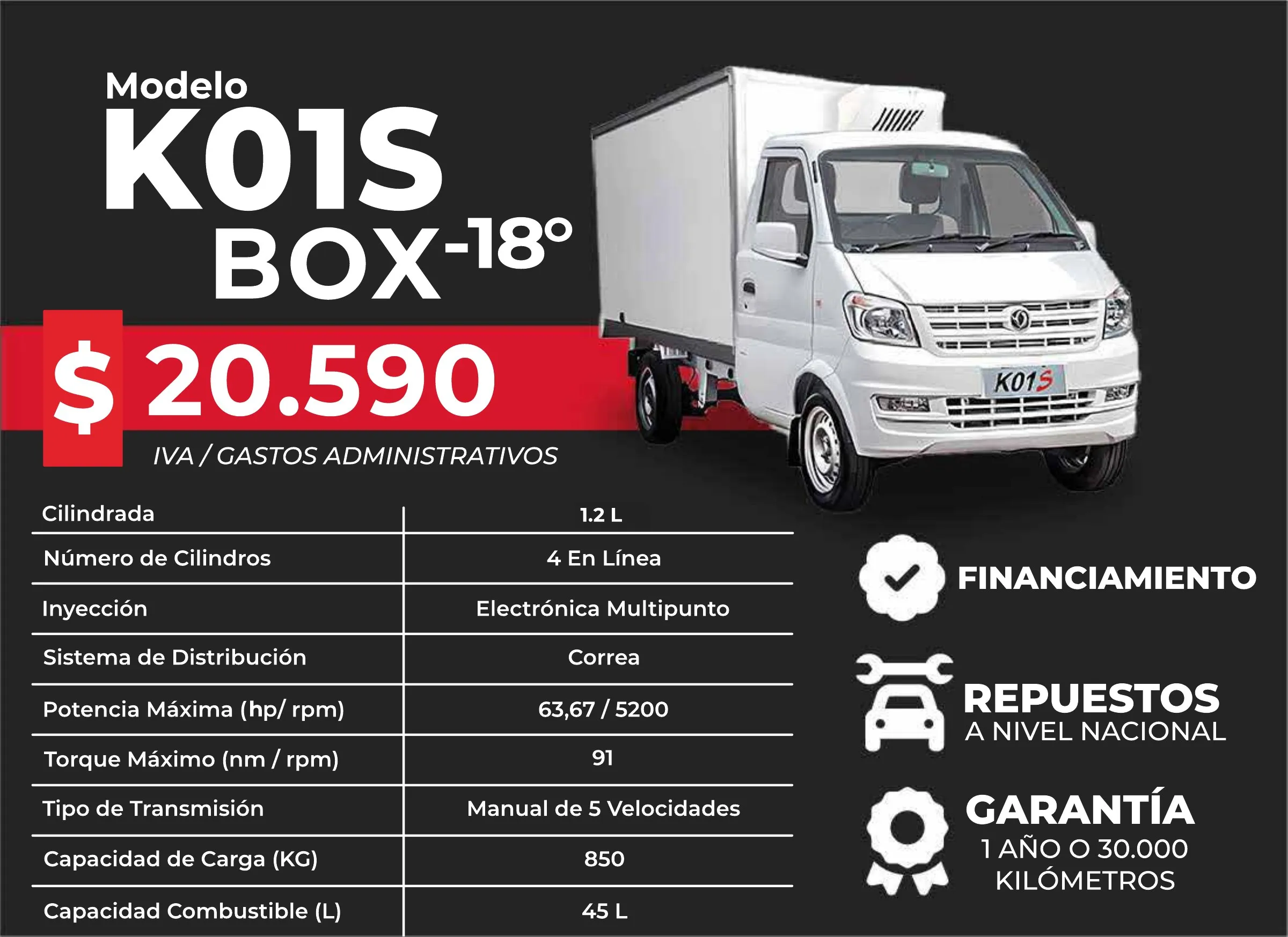DFSK K01S Box refrigerada a −18 °C, desde 20.590 USD + IVA y gastos administrativos. Motor 1.2 L de 4 cilindros en línea, manual de 5 velocidades, capacidad de carga de 850 kg y tanque de 45 L.