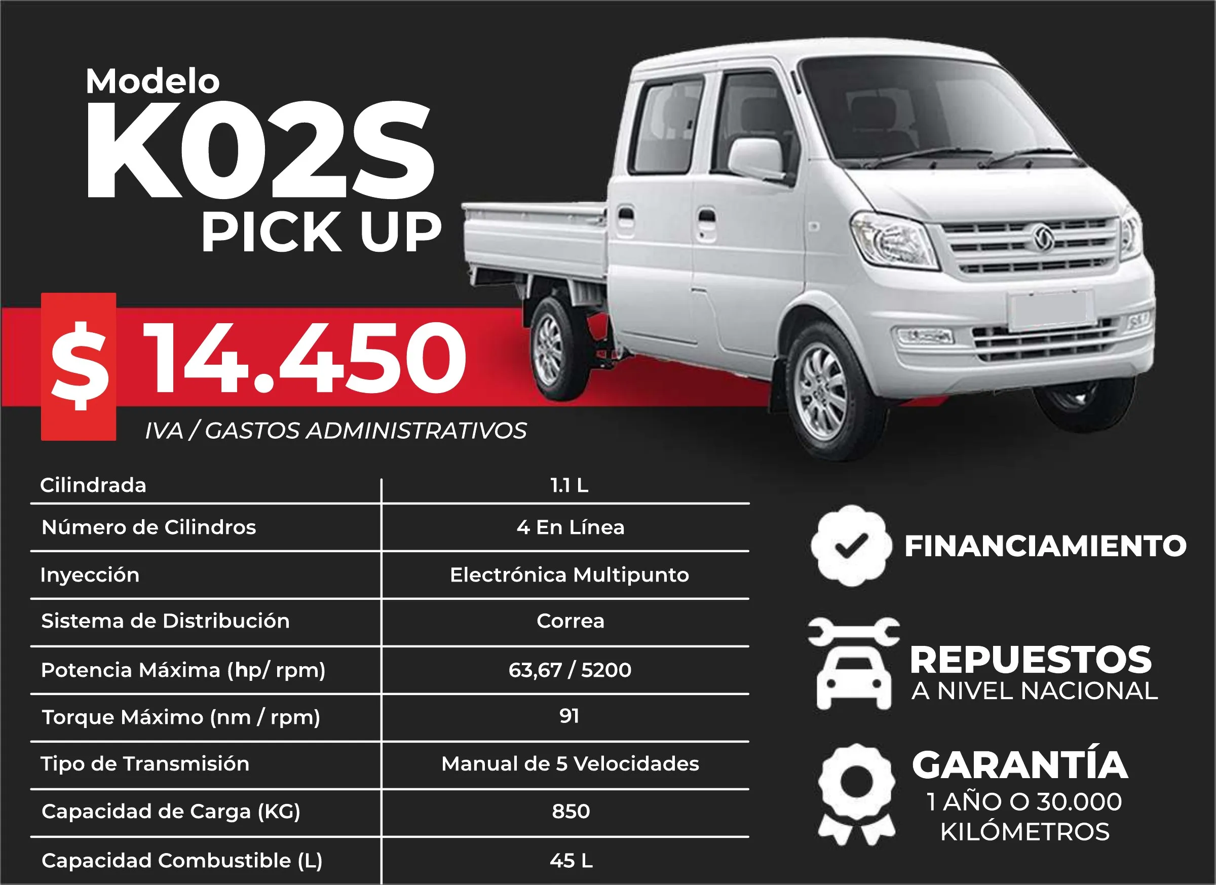 DFSK K02S Pick Up de doble cabina, desde 14.450 USD + IVA y gastos administrativos. Motor 1.1 L de 4 cilindros en línea, 63,67 HP a 5.200 rpm, manual de 5 velocidades, capacidad de carga de 850 kg y tanque de 45 L.